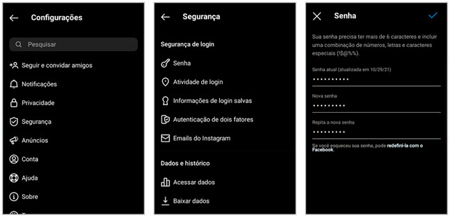 Mudando a senha do instagram