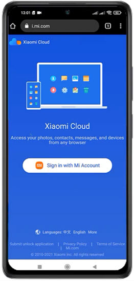 Logando na Xiaomi Cloud