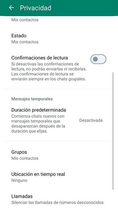 Desactivar confirmaciones de lectura en WhatsApp