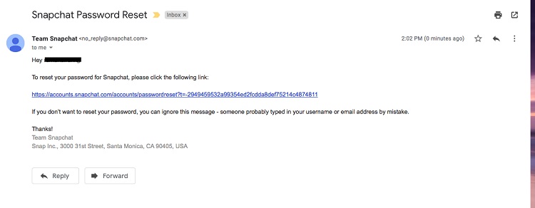 Clicking Link to Reset Snapchat Password