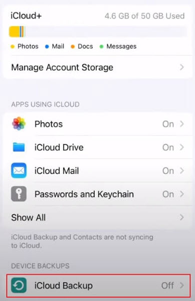 Select backup option to store data in iCloud