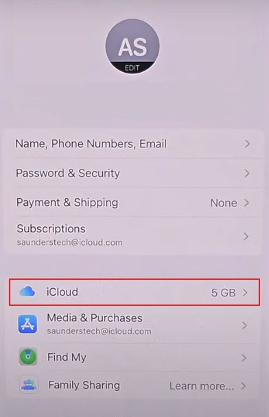 Accessing the iCloud option via settings