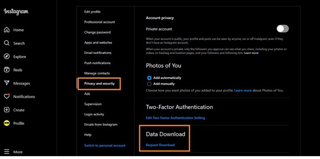 Request data download to recover deleted Instagram messages