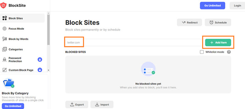 Click Add Item to Block a Site on Chrome