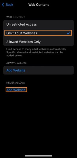 Pick the Limit Adult Websites option to Block Websites on Chrome Mobile