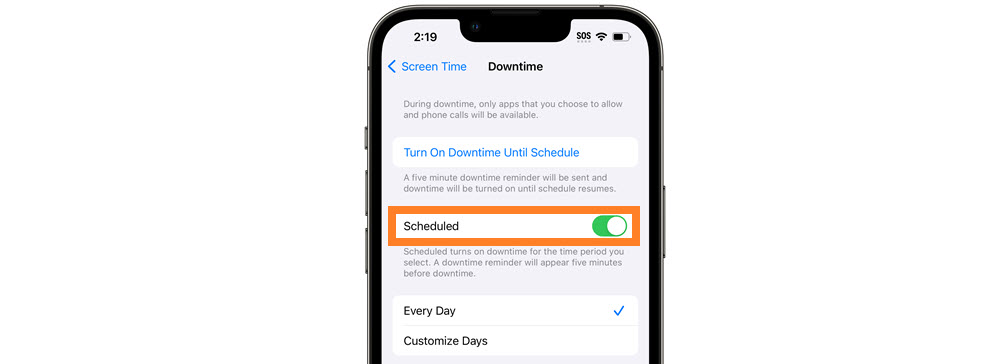 Set downtime schedule on the child’s iPhone