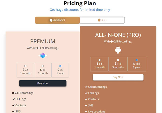 Onemonitar pricing plan for Android and iOS devices