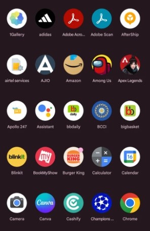 App drawer showing installed apps on Android