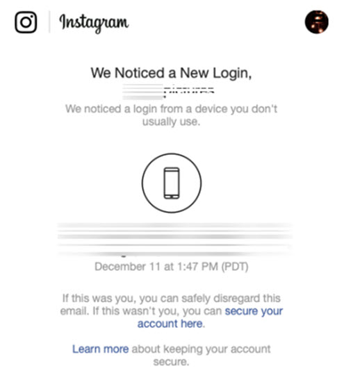 Instagram benachrichtigt Sie per E-Mail, sich anzumelden