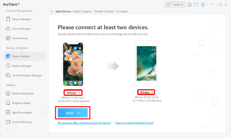 Please connect at least two devices to Clone An iPhone to New iPhone with Anytrans