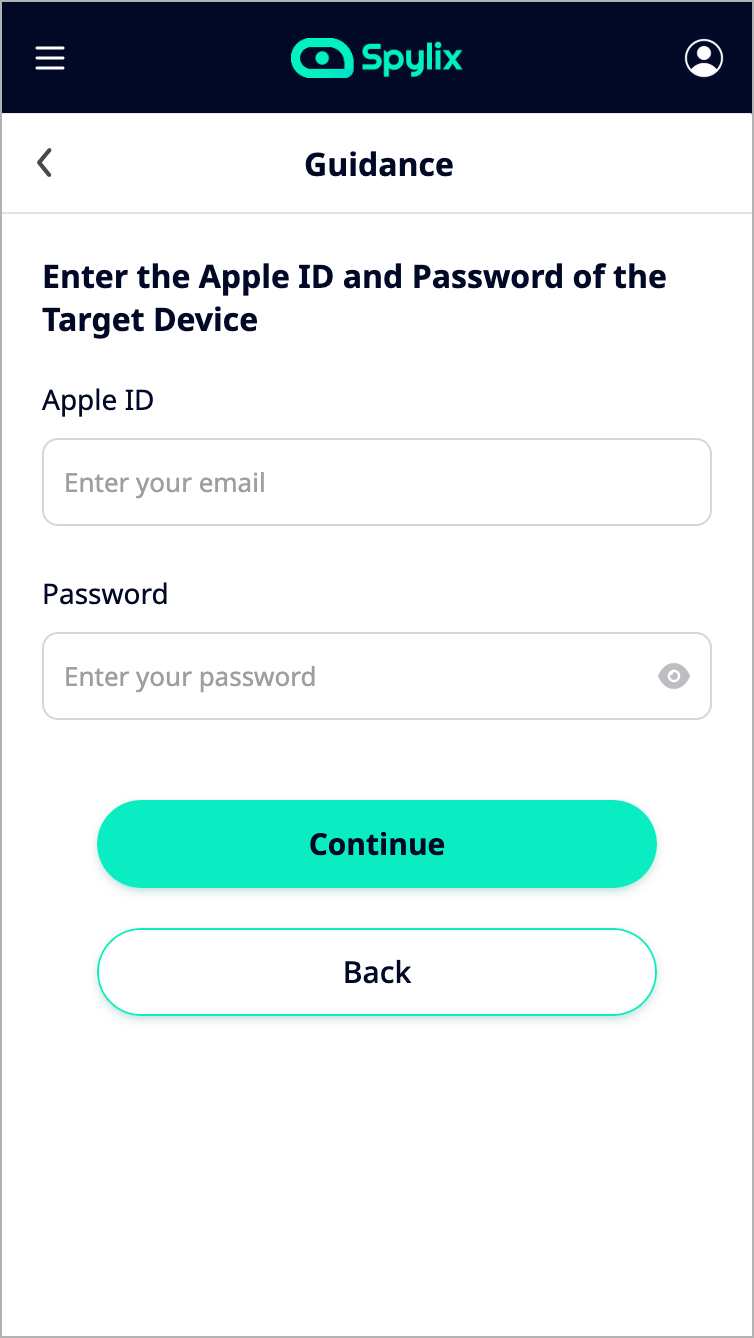 Enter Child's iCloud ID and Password on Spylix