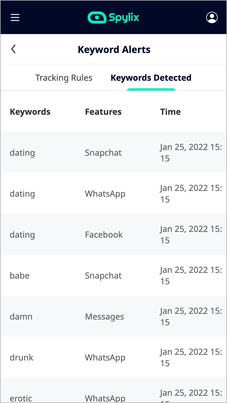 Spylix Displays Keyword Tracking Details