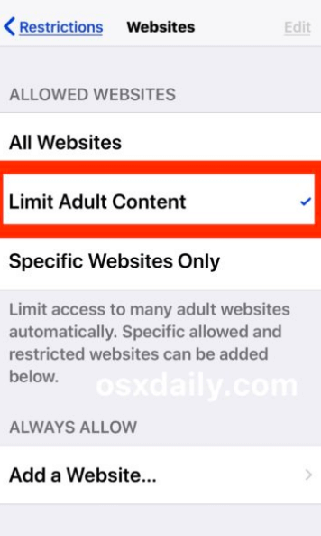 Choose Limit Adult Content to Activate the Safari Web Filter