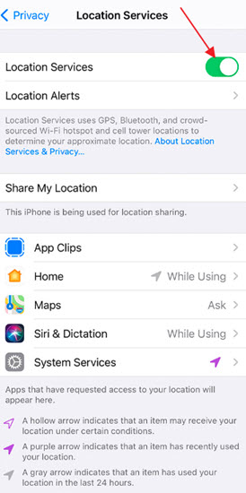 Switch It on or off Using the Available Icon to Location Services on iOS Phone