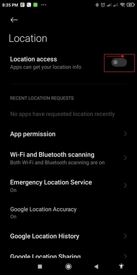Toggle the Location Access button to Turn it on or off Location Services