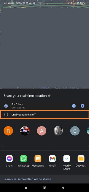 Track with Google Maps Real Time Location Sharing Settings