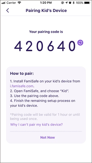 FamiSafe Enter Pairing Code to Finish Setting